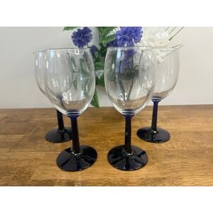 Vintage Cobalt Blue Stem Wine Glasses‎ Clear Bowl Elegant Barware Set Retro Bar